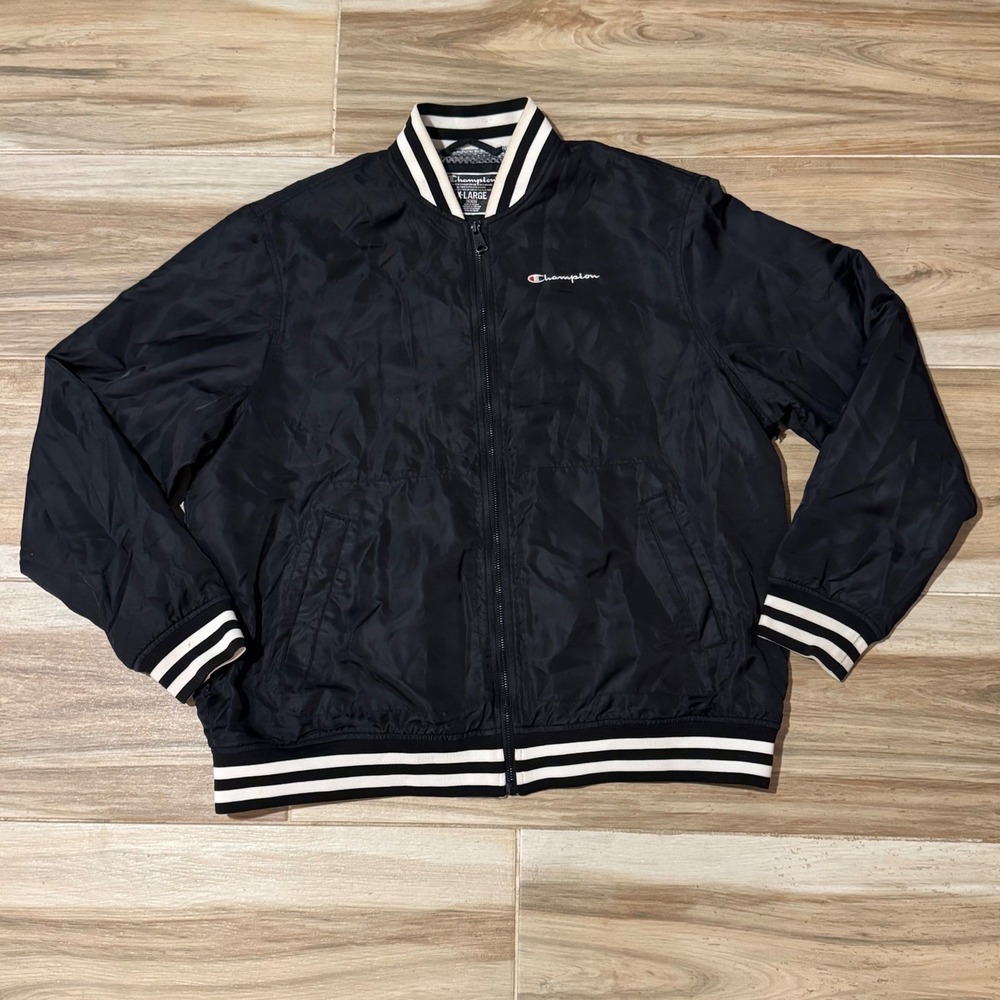 Champion Mens Bomber Jacket XL Black Mesh Lined Varsity Full Zip V9550 003